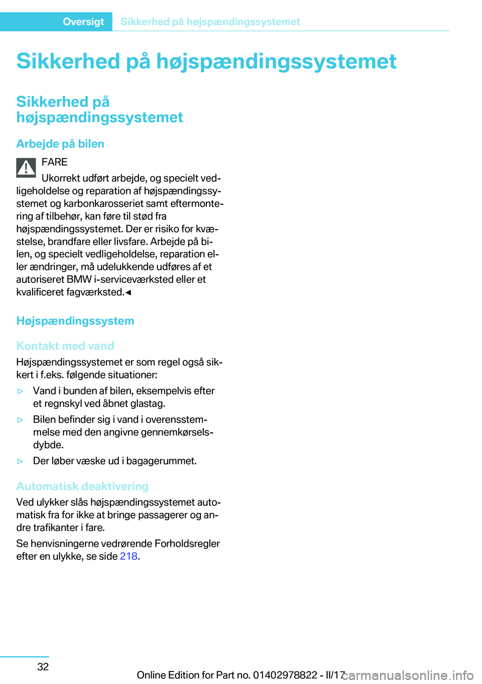 BMW I3 2017  InstruktionsbØger (in Danish) �S�i�k�k�e�r�h�e�d��p�å��h�