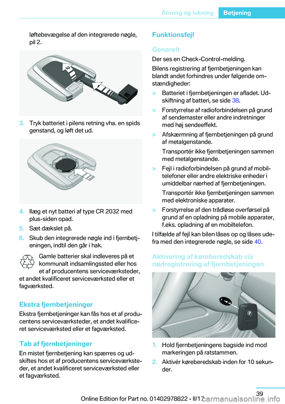BMW I3 2017  InstruktionsbØger (in Danish) �l�