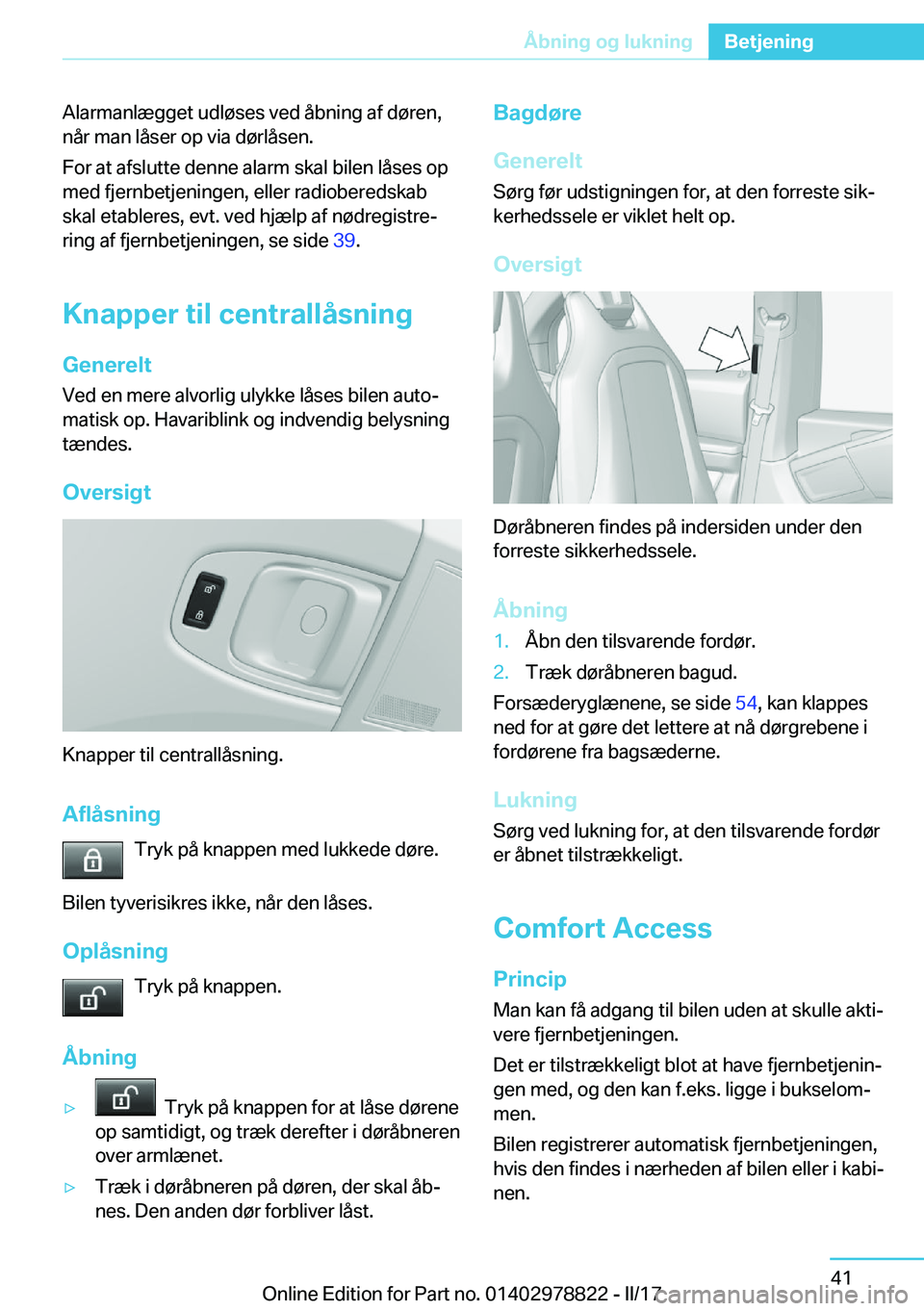 BMW I3 2017  InstruktionsbØger (in Danish) �A�l�a�r�m�a�n�l�æ�g�g�e�t� �u�d�l�