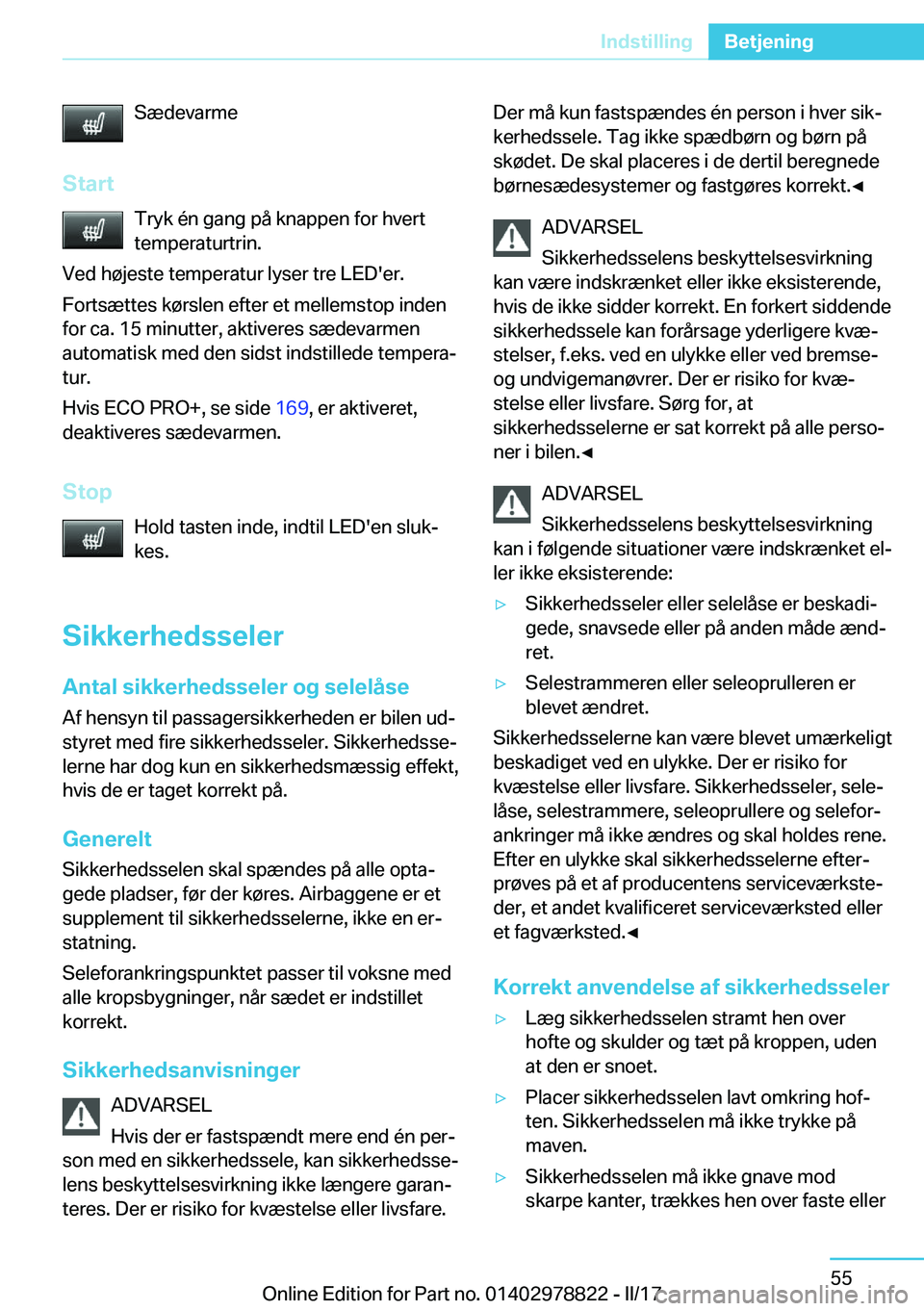 BMW I3 2017  InstruktionsbØger (in Danish) �S�æ�d�e�v�a�r�m�e
�S�t�a�r�t �T�r�y�k� �