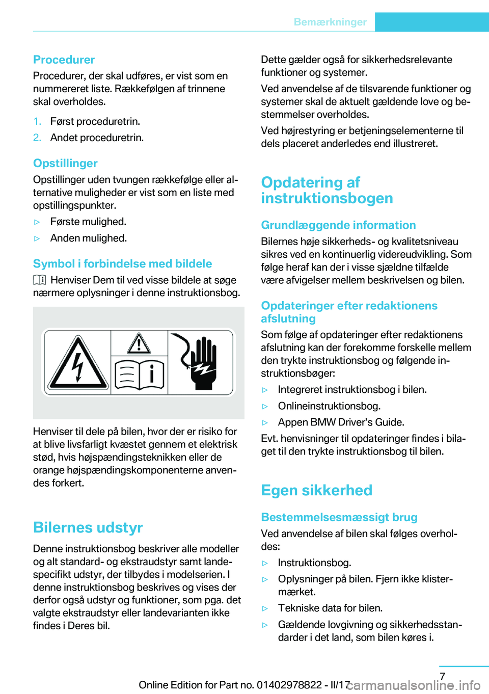 BMW I3 2017  InstruktionsbØger (in Danish) �P�r�o�c�e�d�u�r�e�r
�P�r�o�c�e�d�u�r�e�r�,� �d�e�r� �s�k�a�l� �u�d�f�