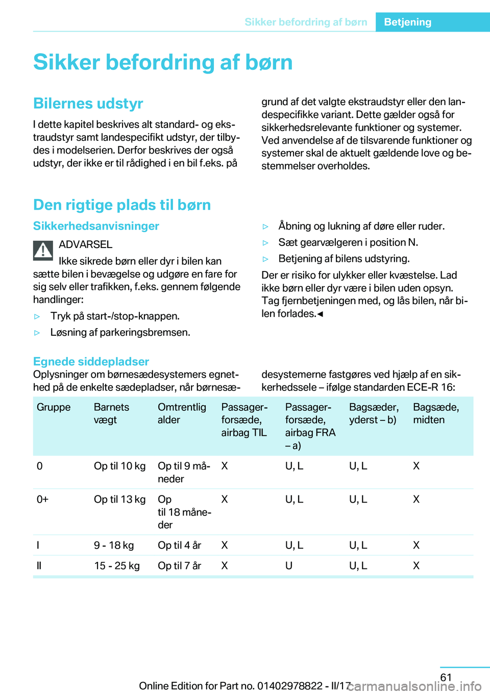 BMW I3 2017  InstruktionsbØger (in Danish) �S�i�k�k�e�r��b�e�f�o�r�d�r�i�n�g��a�f��b�