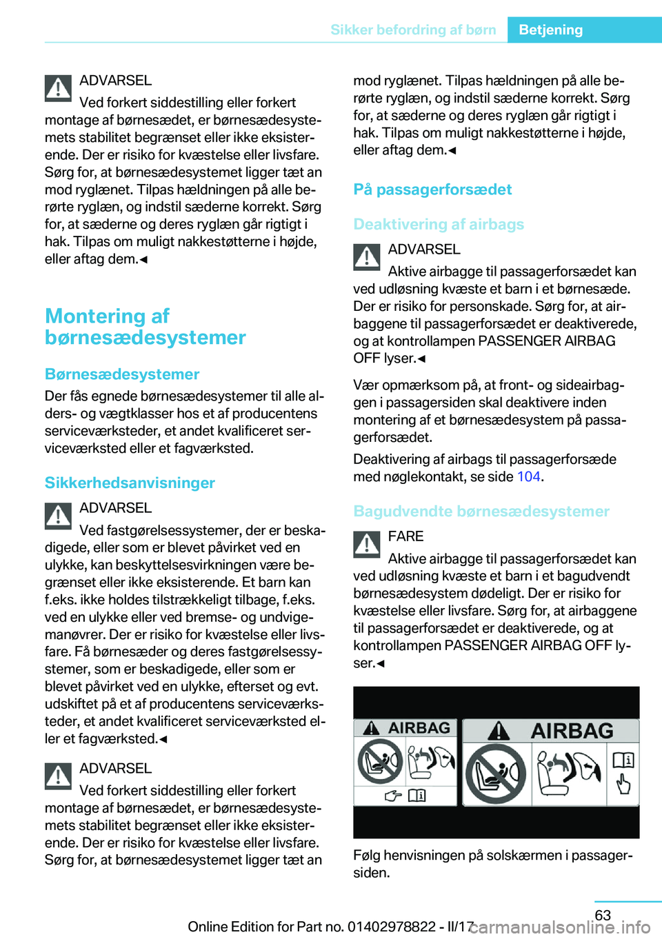 BMW I3 2017  InstruktionsbØger (in Danish) �A�D�V�A�R�S�E�L
�V�e�d� �f�o�r�k�e�r�t� �s�i�d�d�e�s�t�i�l�l�i�n�g� �e�l�l�e�r� �f�o�r�k�e�r�t
�m�o�n�t�a�g�e� �a�f� �b�