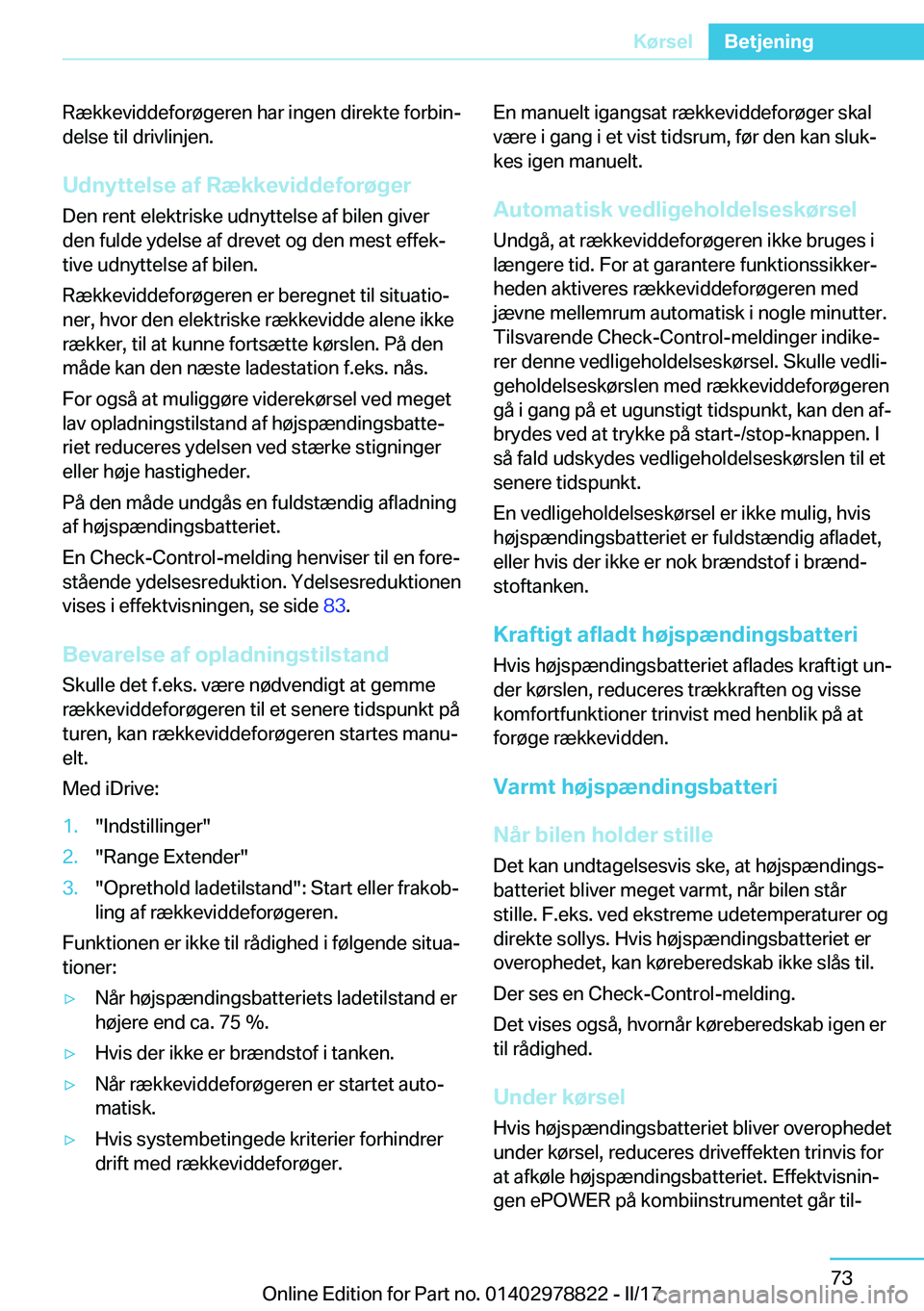 BMW I3 2017  InstruktionsbØger (in Danish) �R�æ�k�k�e�v�i�d�d�e�f�o�r�