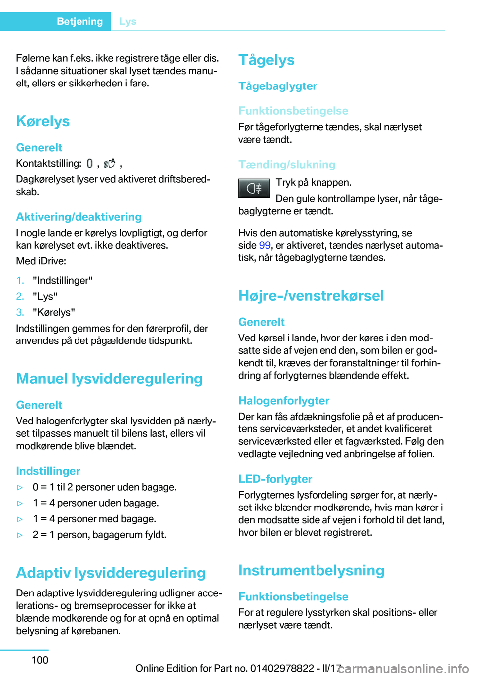 BMW I3 2017  InstruktionsbØger (in Danish) �F�