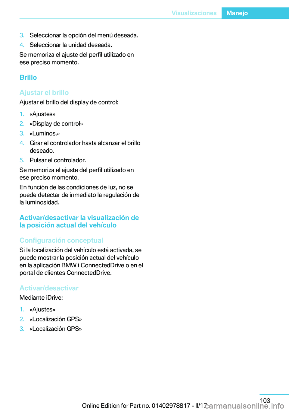 BMW I3 2017  Manuales de Empleo (in Spanish) �3�.�S�e�l�e�c�c�i�o�n�a�r� �l�a� �o�p�c�i�