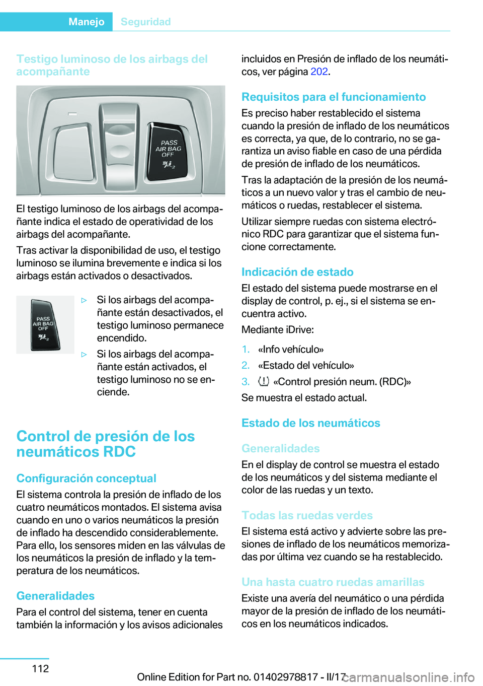 BMW I3 2017  Manuales de Empleo (in Spanish) �T�e�s�t�i�g�o��l�u�m�i�n�o�s�o��d�e��l�o�s��a�i�r�b�a�g�s��d�e�l
�a�c�o�m�p�a�