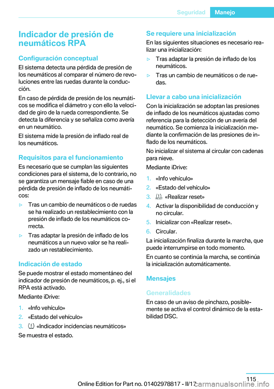 BMW I3 2017  Manuales de Empleo (in Spanish) �I�n�d�i�c�a�d�o�r��d�e��p�r�e�s�i�