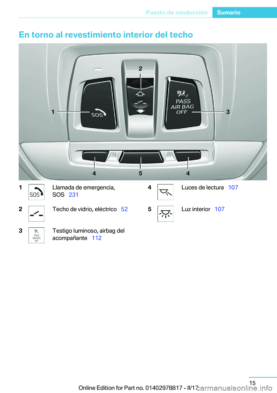 BMW I3 2017  Manuales de Empleo (in Spanish) �E�n��t�o�r�n�o��a�l��r�e�v�e�s�t�i�m�i�e�n�t�o��i�n�t�e�r�i�o�r��d�e�l��t�e�c�h�o�1�L�l�a�m�a�d�a� �d�e� �e�m�e�r�g�e�n�c�i�a�,
�S�O�S\_ �2�3�1�2�T�e�c�h�o� �d�e� �v�i�d�r�i�o�,� �e�l�