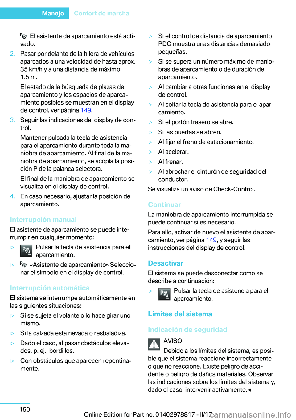 BMW I3 2017  Manuales de Empleo (in Spanish) � � �E�l� �a�s�i�s�t�e�n�t�e� �d�e� �a�p�a�r�c�a�m�i�e�n�t�o� �e�s�t�