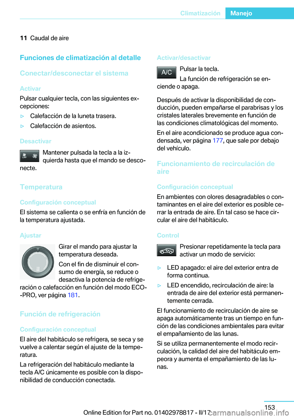 BMW I3 2017  Manuales de Empleo (in Spanish) �1�1�C�a�u�d�a�l� �d�e� �a�i�r�e�F�u�n�c�i�o�n�e�s��d�e��c�l�i�m�a�t�i�z�a�c�i�