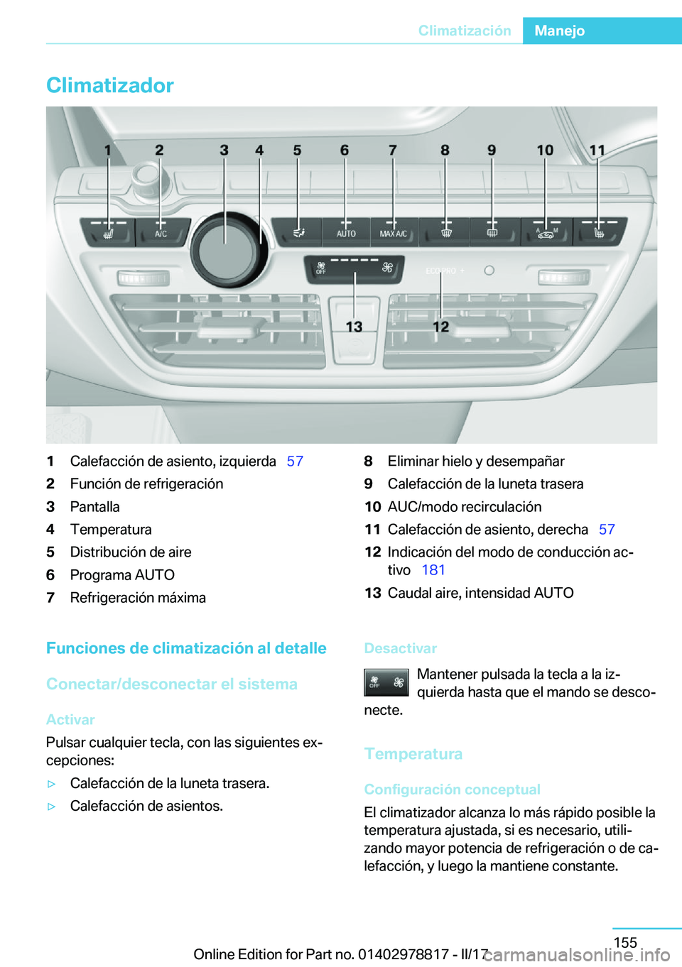 BMW I3 2017  Manuales de Empleo (in Spanish) �C�l�i�m�a�t�i�z�a�d�o�r�1�C�a�l�e�f�a�c�c�i�