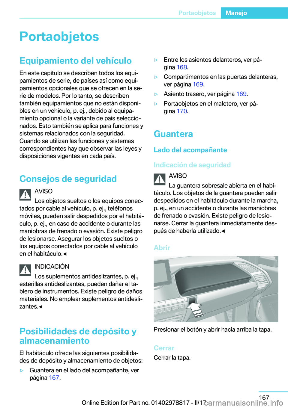 BMW I3 2017  Manuales de Empleo (in Spanish) �P�o�r�t�a�o�b�j�e�t�o�s�E�q�u�i�p�a�m�i�e�n�t�o��d�e�l��v�e�h�
