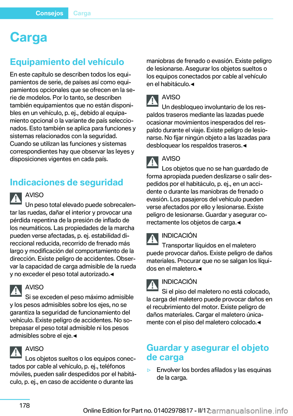 BMW I3 2017  Manuales de Empleo (in Spanish) �C�a�r�g�a�E�q�u�i�p�a�m�i�e�n�t�o��d�e�l��v�e�h�