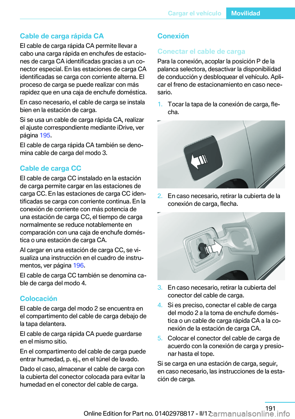 BMW I3 2017  Manuales de Empleo (in Spanish) �C�a�b�l�e��d�e��c�a�r�g�a��r�