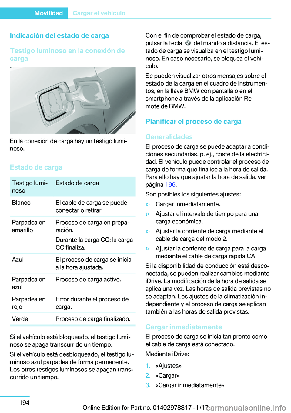 BMW I3 2017  Manuales de Empleo (in Spanish) �I�n�d�i�c�a�c�i�
