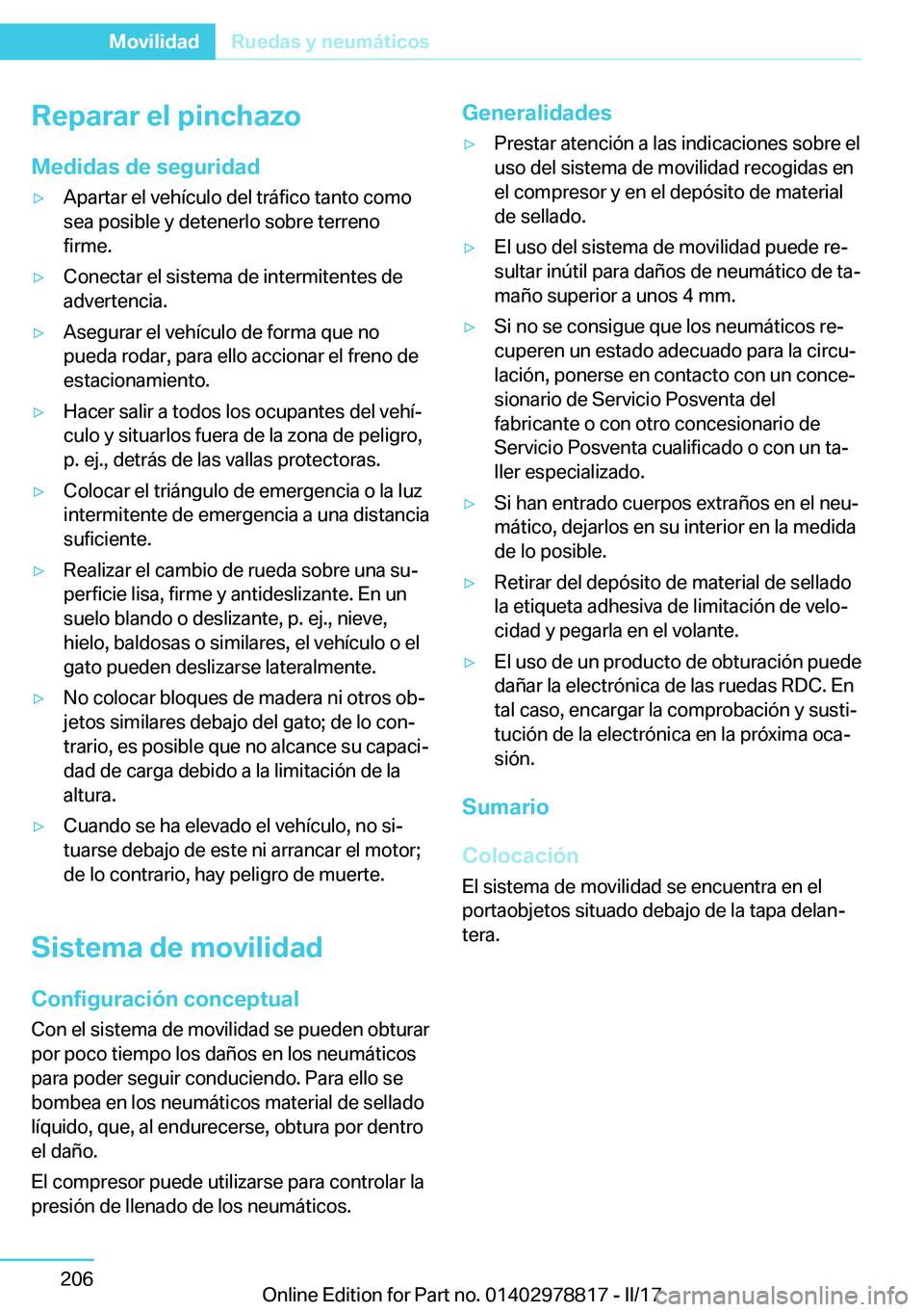 BMW I3 2017  Manuales de Empleo (in Spanish) �R�e�p�a�r�a�r��e�l��p�i�n�c�h�a�z�o�M�e�d�i�d�a�s��d�e��s�e�g�u�r�i�d�a�dy�A�p�a�r�t�a�r� �e�l� �v�e�h�