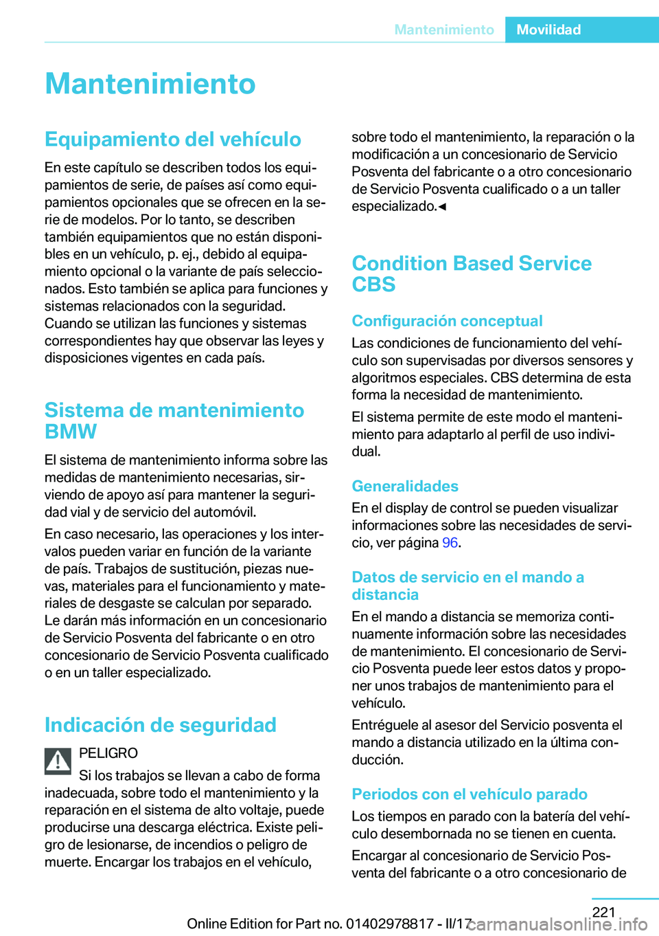 BMW I3 2017  Manuales de Empleo (in Spanish) �M�a�n�t�e�n�i�m�i�e�n�t�o�E�q�u�i�p�a�m�i�e�n�t�o��d�e�l��v�e�h�