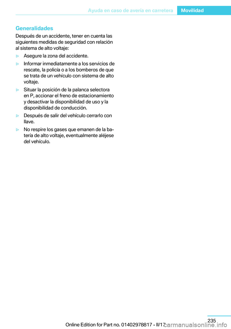 BMW I3 2017  Manuales de Empleo (in Spanish) �G�e�n�e�r�a�l�i�d�a�d�e�s
�D�e�s�p�u�