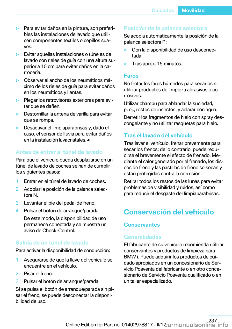 BMW I3 2017  Manuales de Empleo (in Spanish) y�P�a�r�a� �e�v�i�t�a�r� �d�a�