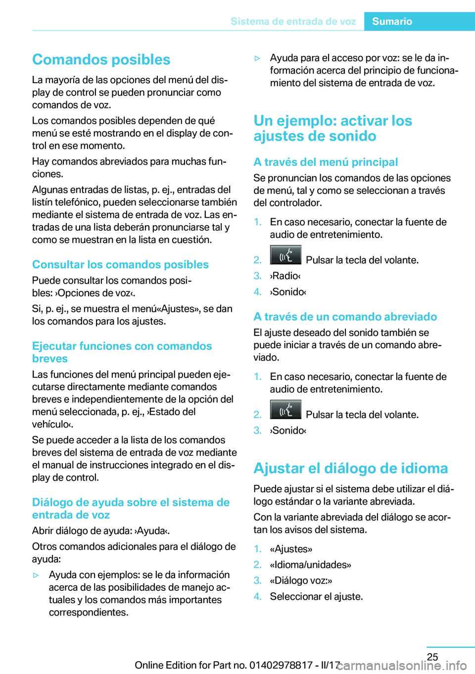 BMW I3 2017  Manuales de Empleo (in Spanish) �C�o�m�a�n�d�o�s��p�o�s�i�b�l�e�s�L�a� �m�a�y�o�r�