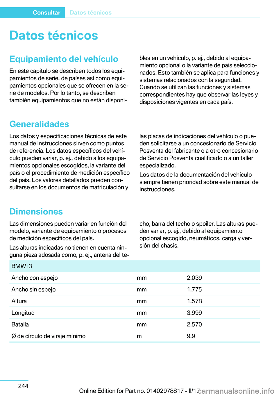 BMW I3 2017  Manuales de Empleo (in Spanish) �D�a�t�o�s��t�