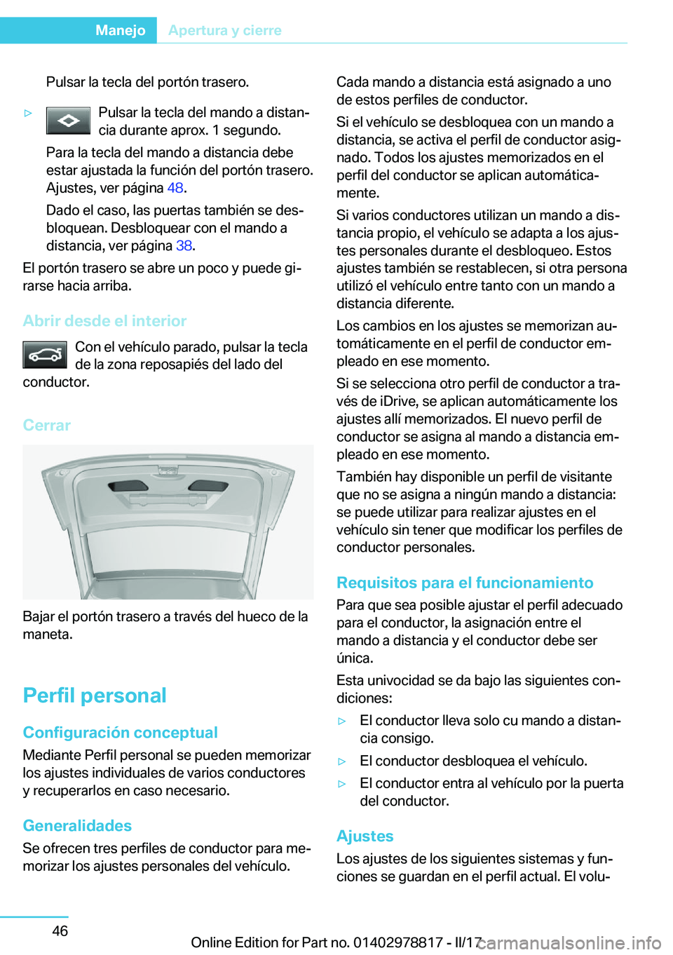 BMW I3 2017  Manuales de Empleo (in Spanish) �P�u�l�s�a�r� �l�a� �t�e�c�l�a� �d�e�l� �p�o�r�t�