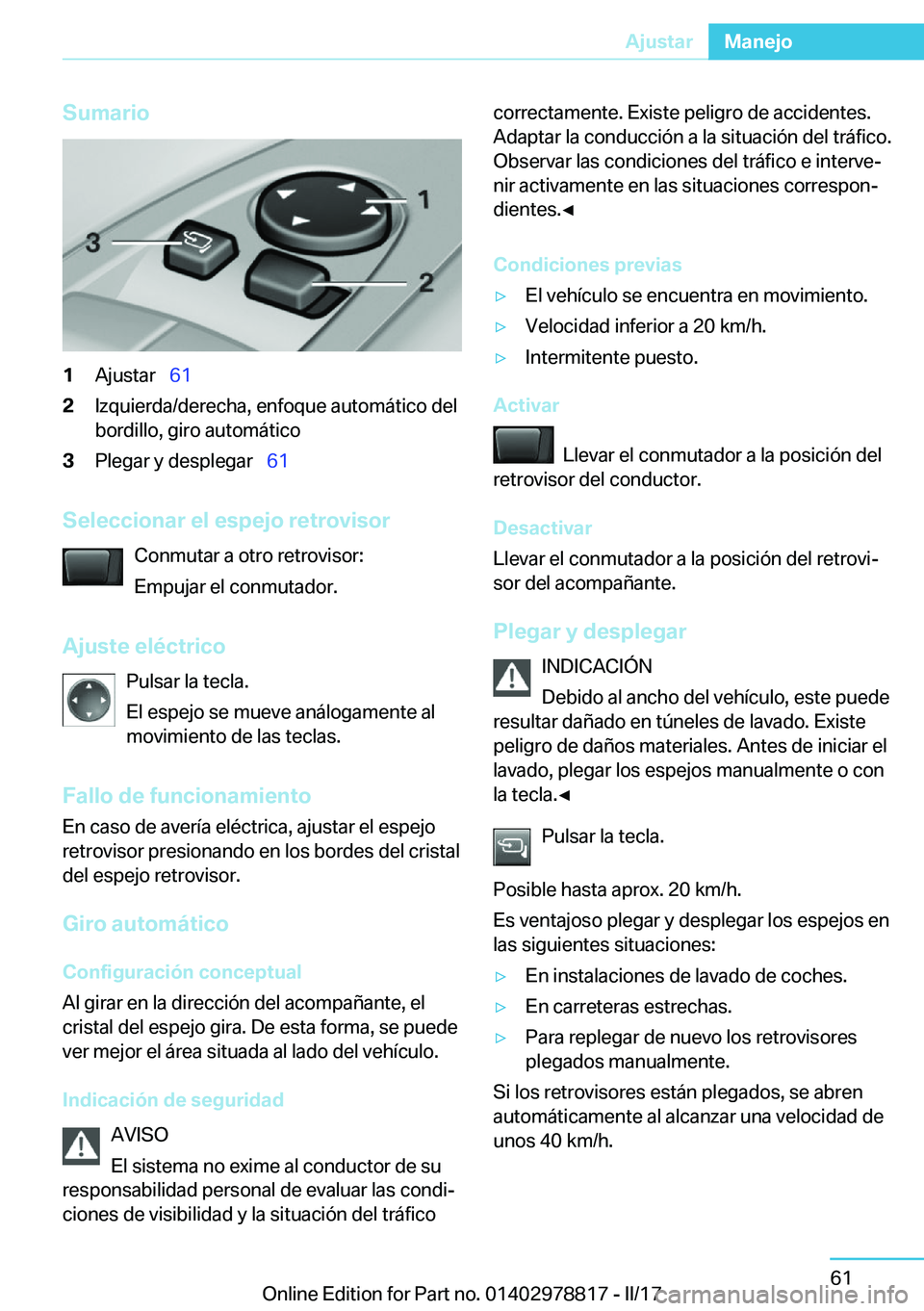 BMW I3 2017  Manuales de Empleo (in Spanish) �S�u�m�a�r�i�o�1�A�j�u�s�t�a�r\_�6�1�2�I�z�q�u�i�e�r�d�a�/�d�e�r�e�c�h�a�,� �e�n�f�o�q�u�e� �a�u�t�o�m�