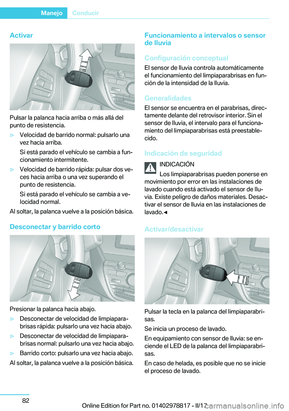 BMW I3 2017  Manuales de Empleo (in Spanish) �A�c�t�i�v�a�r
�P�u�l�s�a�r� �l�a� �p�a�l�a�n�c�a� �h�a�c�i�a� �a�r�r�i�b�a� �o� �m�