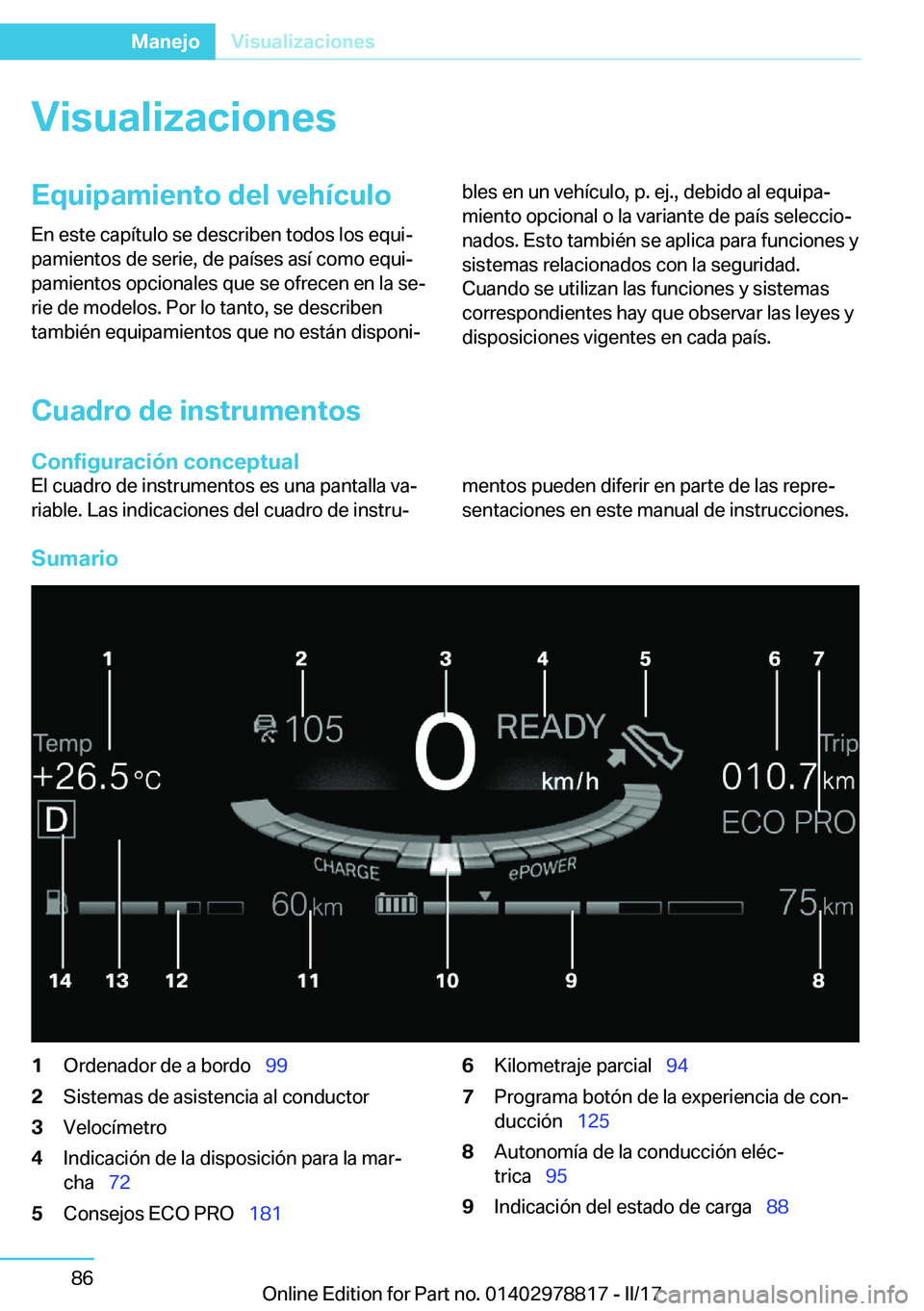 BMW I3 2017  Manuales de Empleo (in Spanish) �V�i�s�u�a�l�i�z�a�c�i�o�n�e�s�E�q�u�i�p�a�m�i�e�n�t�o��d�e�l��v�e�h�