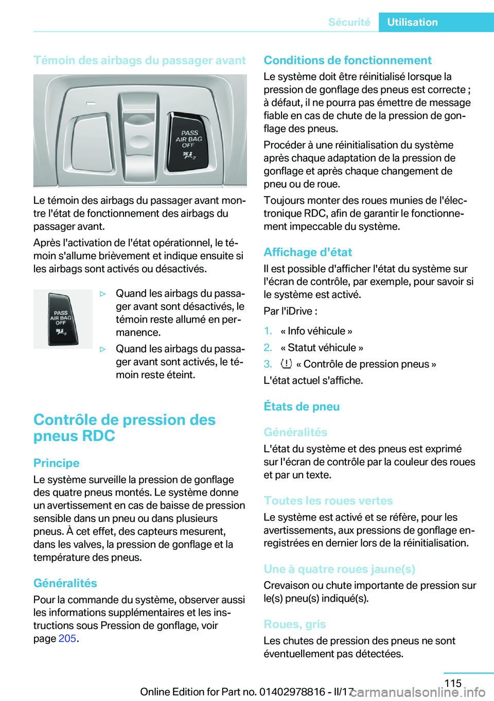 BMW I3 2017  Notices Demploi (in French) �T�é�m�o�i�n��d�e�s��a�i�r�b�a�g�s��d�u��p�a�s�s�a�g�e�r��a�v�a�n�t
�L�e� �t�é�m�o�i�n� �d�e�s� �a�i�r�b�a�g�s� �d�u� �p�a�s�s�a�g�e�r� �a�v�a�n�t� �m�o�nj�t�r�e� �l�'�é�t�a�t� �d�e� �f�o