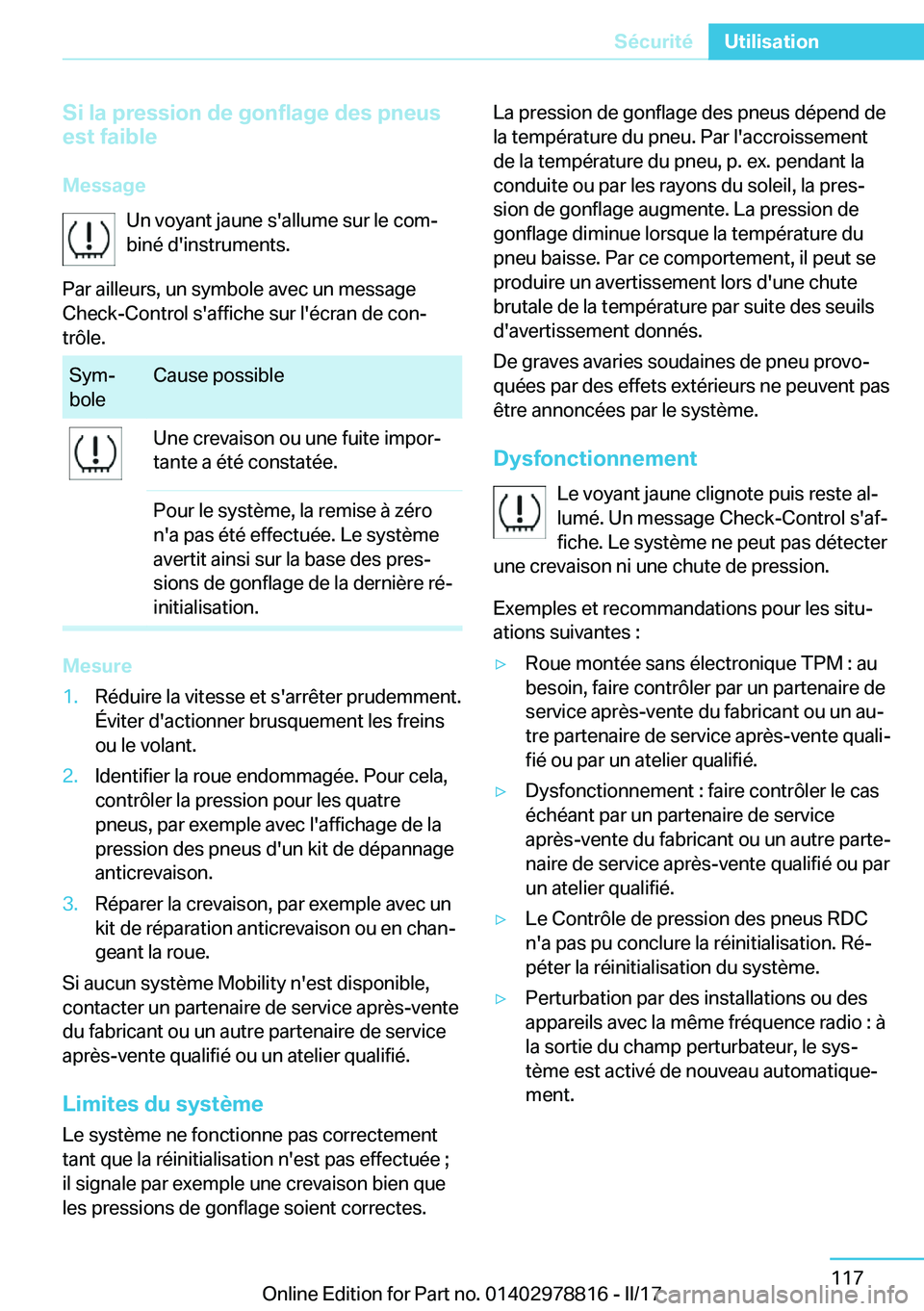 BMW I3 2017  Notices Demploi (in French) �S�i��l�a��p�r�e�s�s�i�o�n��d�e��g�o�n�f�l�a�g�e��d�e�s��p�n�e�u�s
�e�s�t��f�a�i�b�l�e
�M�e�s�s�a�g�e �U�n� �v�o�y�a�n�t� �j�a�u�n�e� �s�'�a�l�l�u�m�e� �s�u�r� �l�e� �c�o�mj�b�i�n�é� �d�&