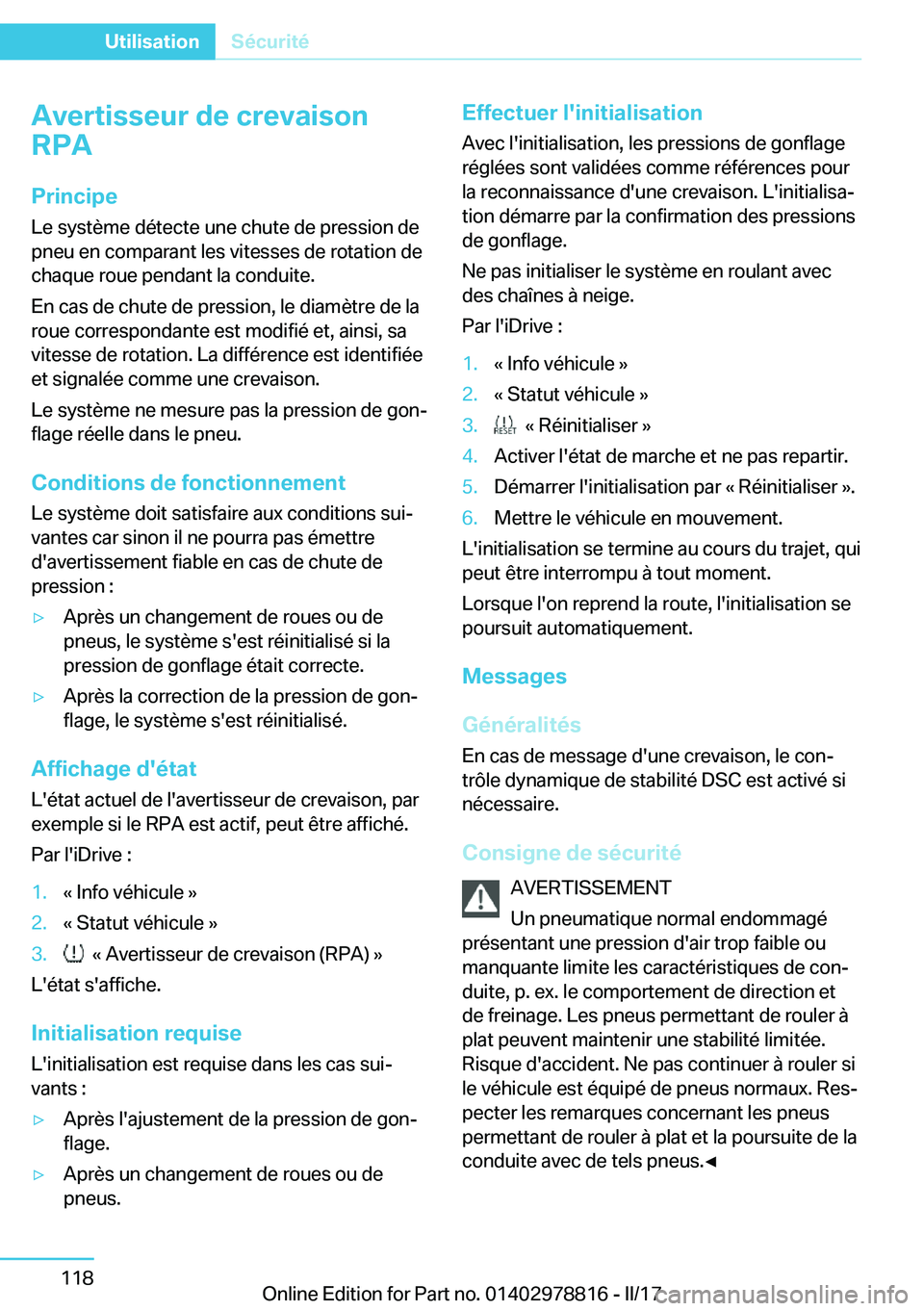 BMW I3 2017  Notices Demploi (in French) �A�v�e�r�t�i�s�s�e�u�r��d�e��c�r�e�v�a�i�s�o�n
�R�P�A
�P�r�i�n�c�i�p�e
�L�e� �s�y�s�t�è�m�e� �d�é�t�e�c�t�e� �u�n�e� �c�h�u�t�e� �d�e� �p�r�e�s�s�i�o�n� �d�e �p�n�e�u� �e�n� �c�o�m�p�a�r�a�n�t� �l