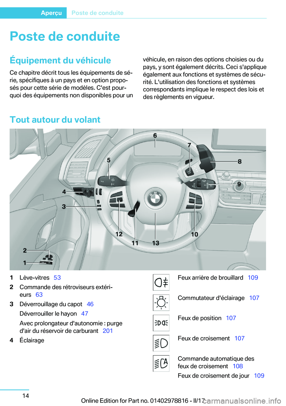 BMW I3 2017  Notices Demploi (in French) �P�o�s�t�e��d�e��c�o�n�d�u�i�t�e�