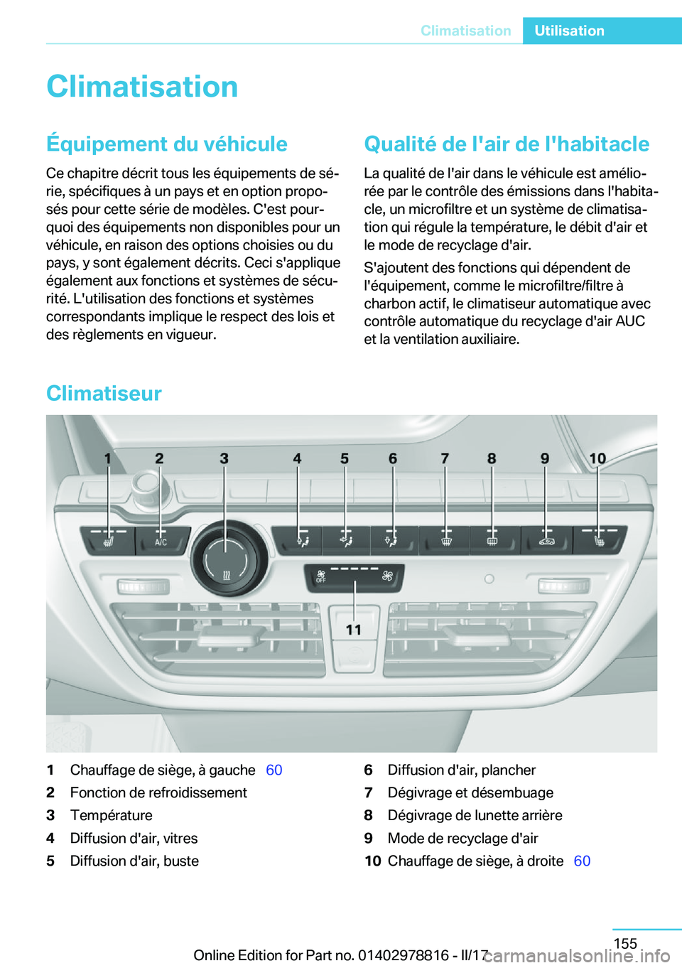 BMW I3 2017  Notices Demploi (in French) �C�l�i�m�a�t�i�s�a�t�i�o�n�