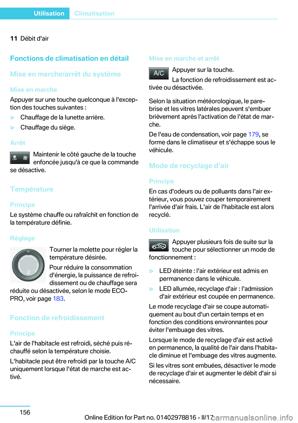 BMW I3 2017  Notices Demploi (in French) �1�1�D�é�b�i�t� �d�'�a�i�r�F�o�n�c�t�i�o�n�s��d�e��c�l�i�m�a�t�i�s�a�t�i�o�n��e�n��d�é�t�a�i�l
�M�i�s�e��e�n��m�a�r�c�h�e�/�a�r�r�ê�t��d�u��s�y�s�t�è�m�e �M�i�s�e��e�n��m�a�r�c�h�e
�