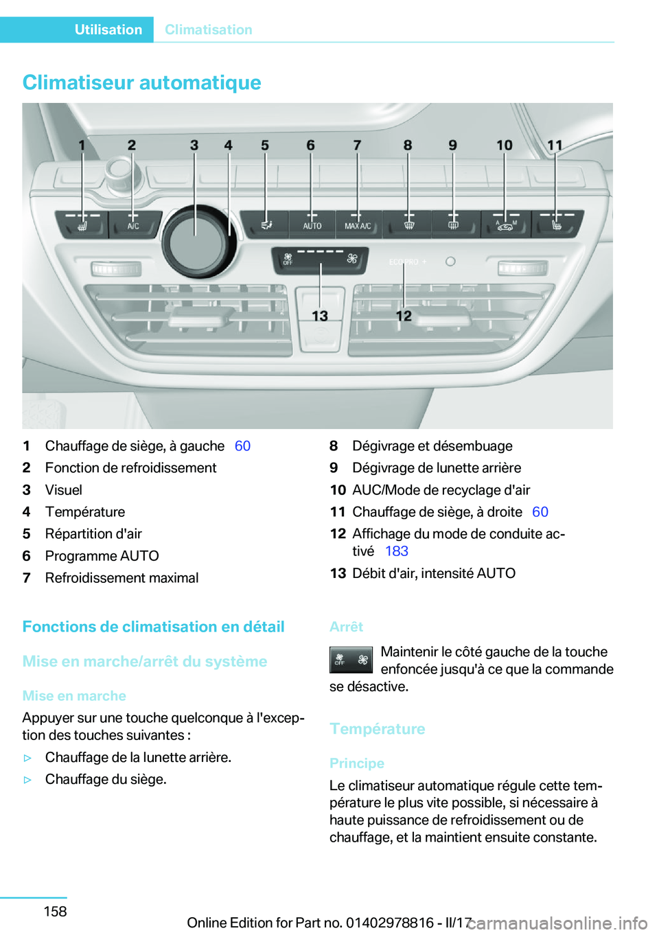 BMW I3 2017  Notices Demploi (in French) �C�l�i�m�a�t�i�s�e�u�r��a�u�t�o�m�a�t�i�q�u�e�1�C�h�a�u�f�f�a�g�e� �d�e� �s�i�è�g�e�,� �