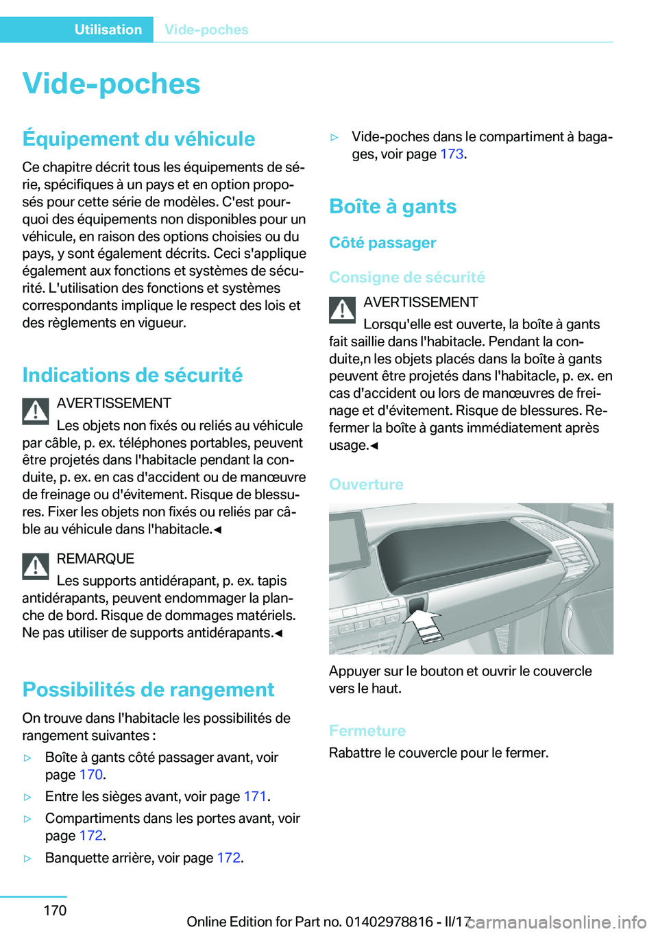 BMW I3 2017  Notices Demploi (in French) �V�i�d�e�-�p�o�c�h�e�s�