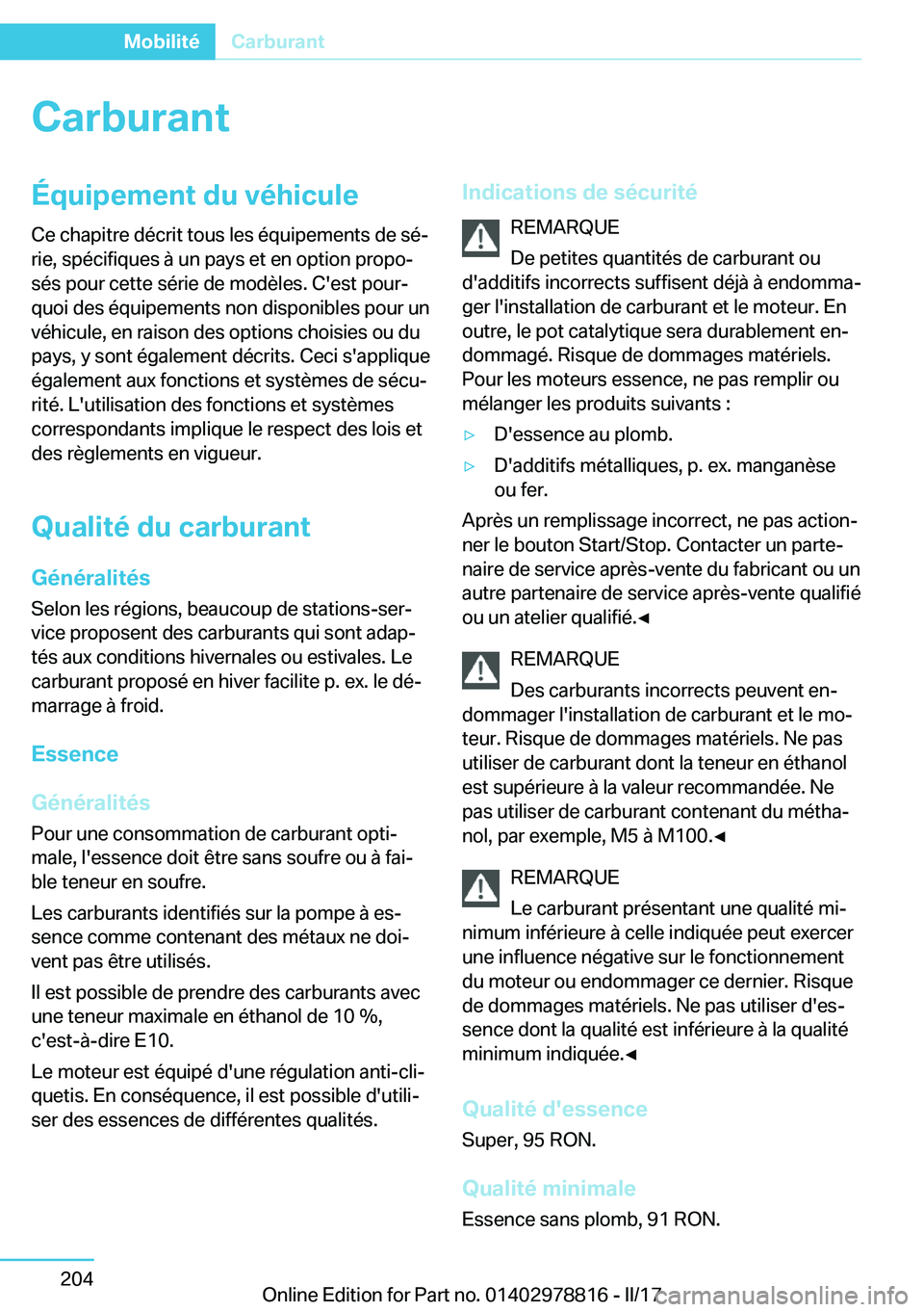 BMW I3 2017  Notices Demploi (in French) �C�a�r�b�u�r�a�n�t�