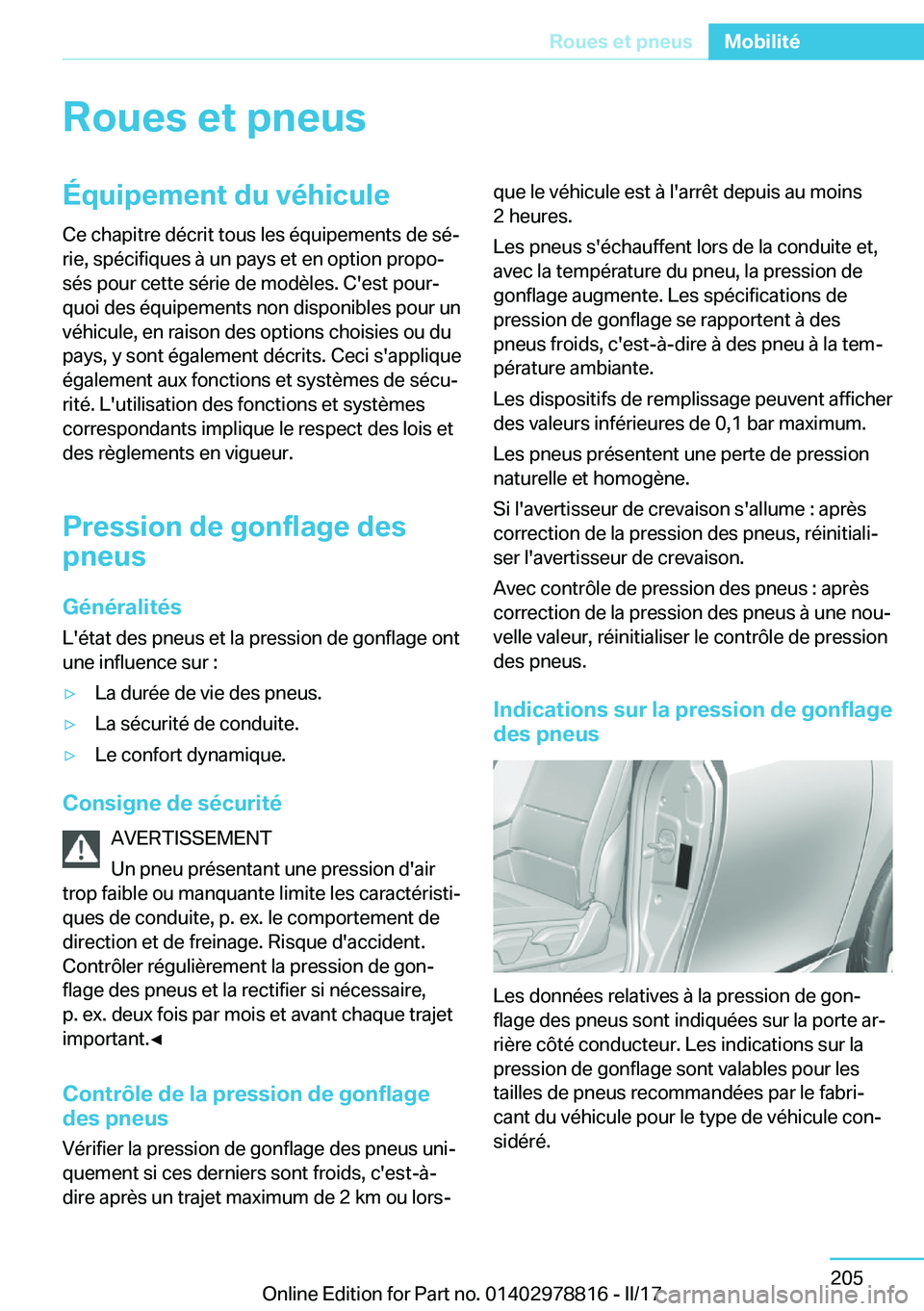 BMW I3 2017  Notices Demploi (in French) �R�o�u�e�s��e�t��p�n�e�u�s�