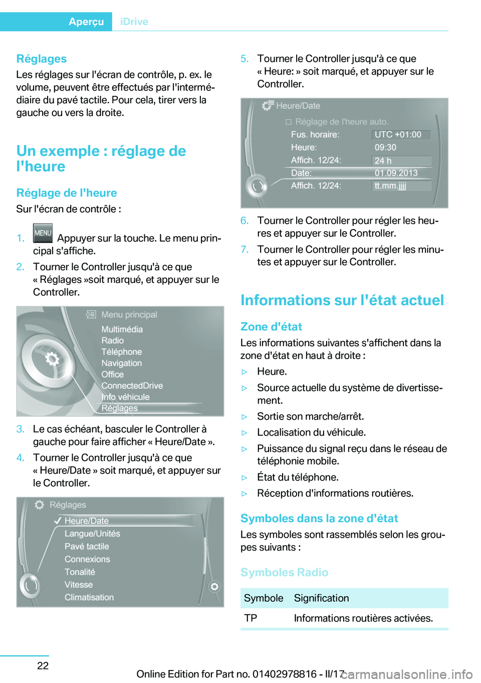 BMW I3 2017  Notices Demploi (in French) �R�é�g�l�a�g�e�s�L�e�s� �r�é�g�l�a�g�e�s� �s�u�r� �l�'�é�c�r�a�n� �d�e� �c�o�n�t�r�