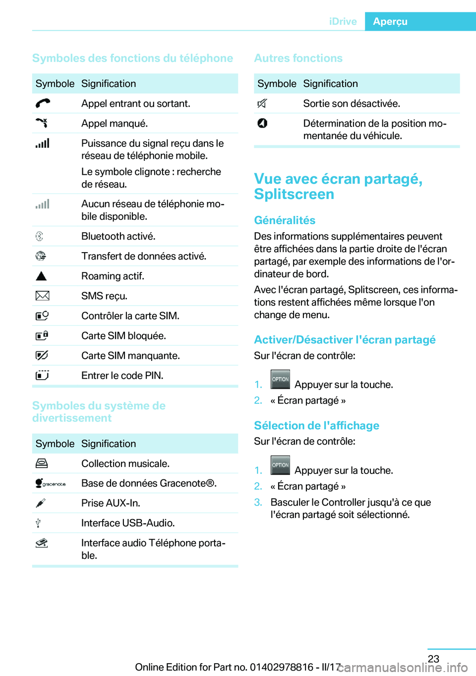 BMW I3 2017  Notices Demploi (in French) �S�y�m�b�o�l�e�s��d�e�s��f�o�n�c�t�i�o�n�s��d�u��t�é�l�é�p�h�o�n�e�S�y�m�b�o�l�e�S�i�g�n�i�f�i�c�a�t�i�o�n� �A�p�p�e�l� �e�n�t�r�a�n�t� �o�u� �s�o�r�t�a�n�t�.� �A�p�p�e�l� �m�a�n�q�u�é�.� �P�u�