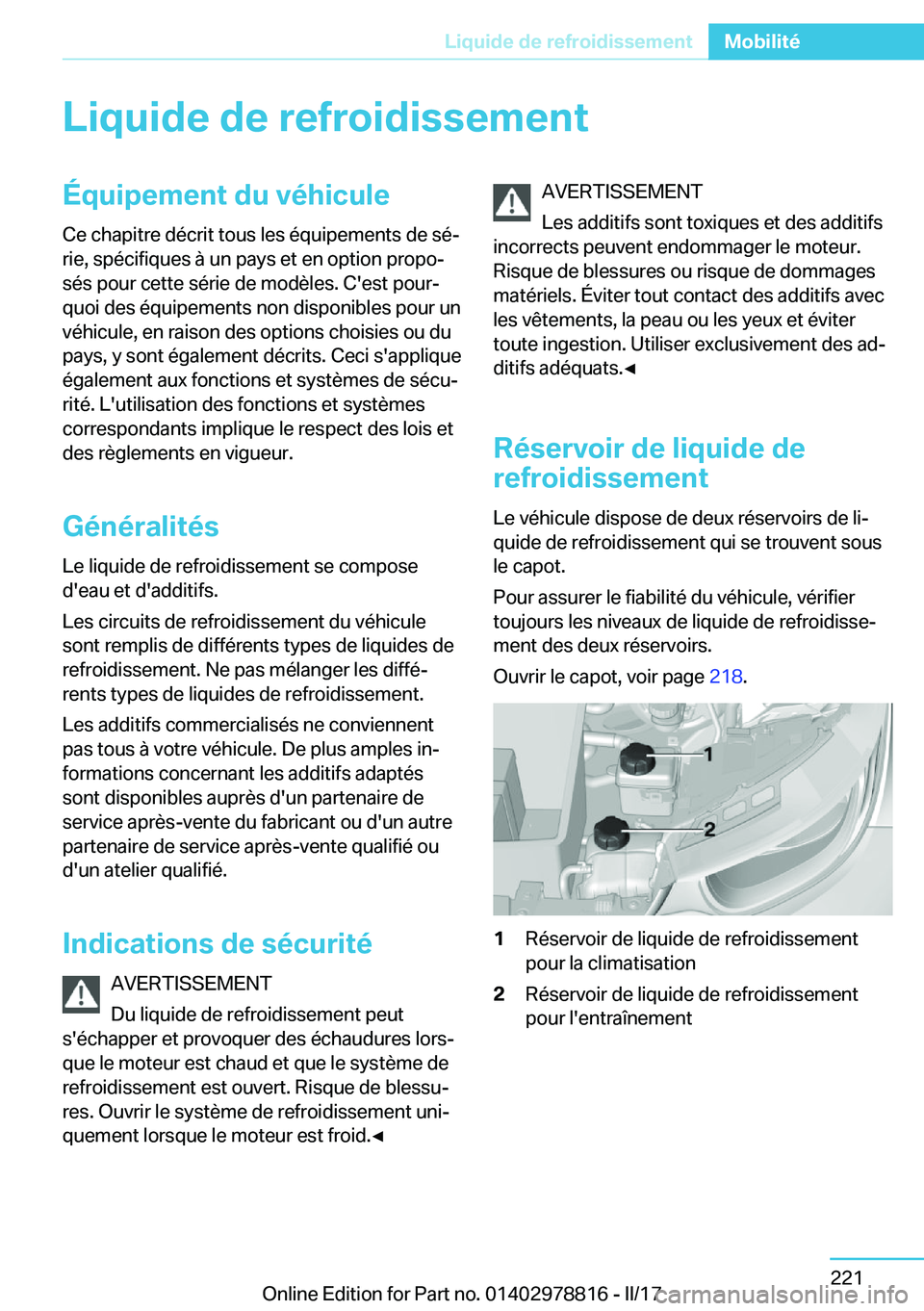 BMW I3 2017  Notices Demploi (in French) �L�i�q�u�i�d�e��d�e��r�e�f�r�o�i�d�i�s�s�e�m�e�n�t�