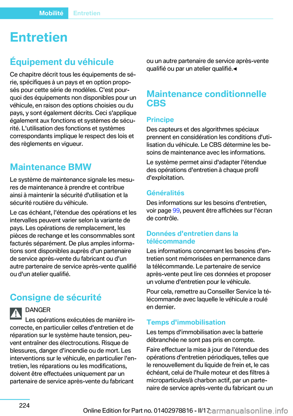 BMW I3 2017  Notices Demploi (in French) �E�n�t�r�e�t�i�e�n�
