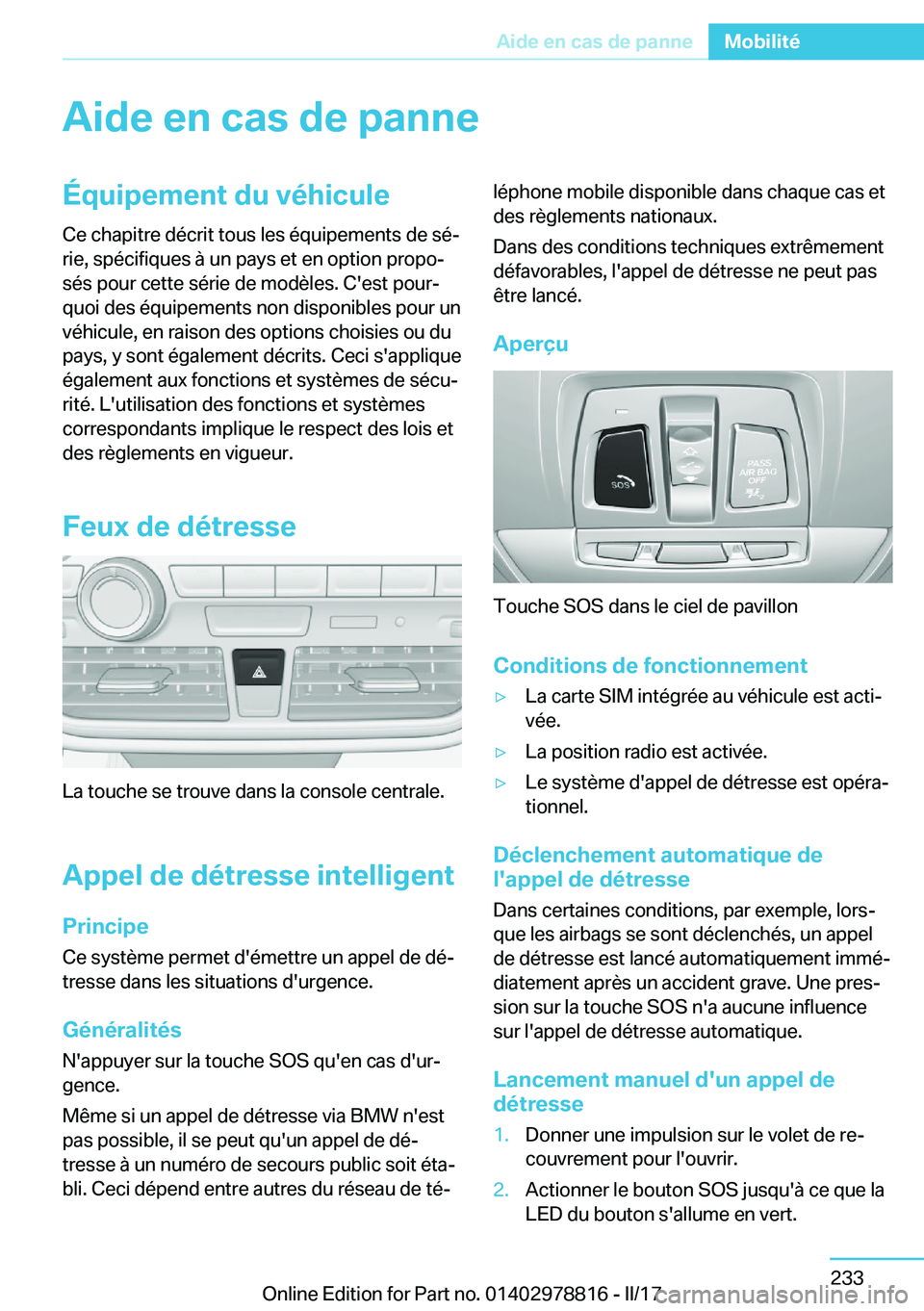BMW I3 2017  Notices Demploi (in French) �A�i�d�e��e�n��c�a�s��d�e��p�a�n�n�e�