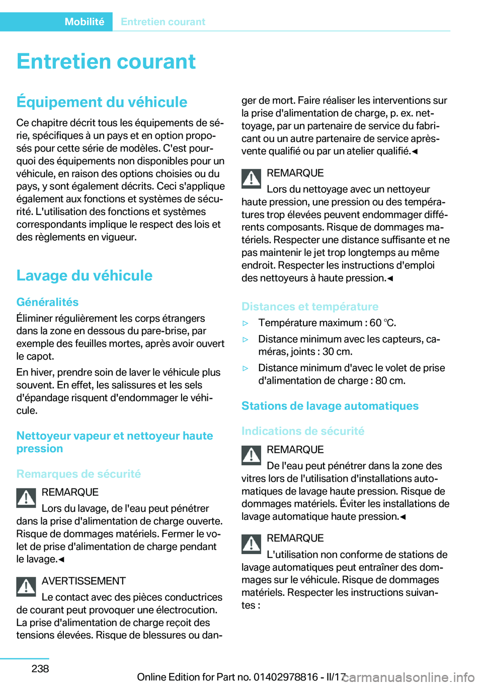 BMW I3 2017  Notices Demploi (in French) �E�n�t�r�e�t�i�e�n��c�o�u�r�a�n�t�
