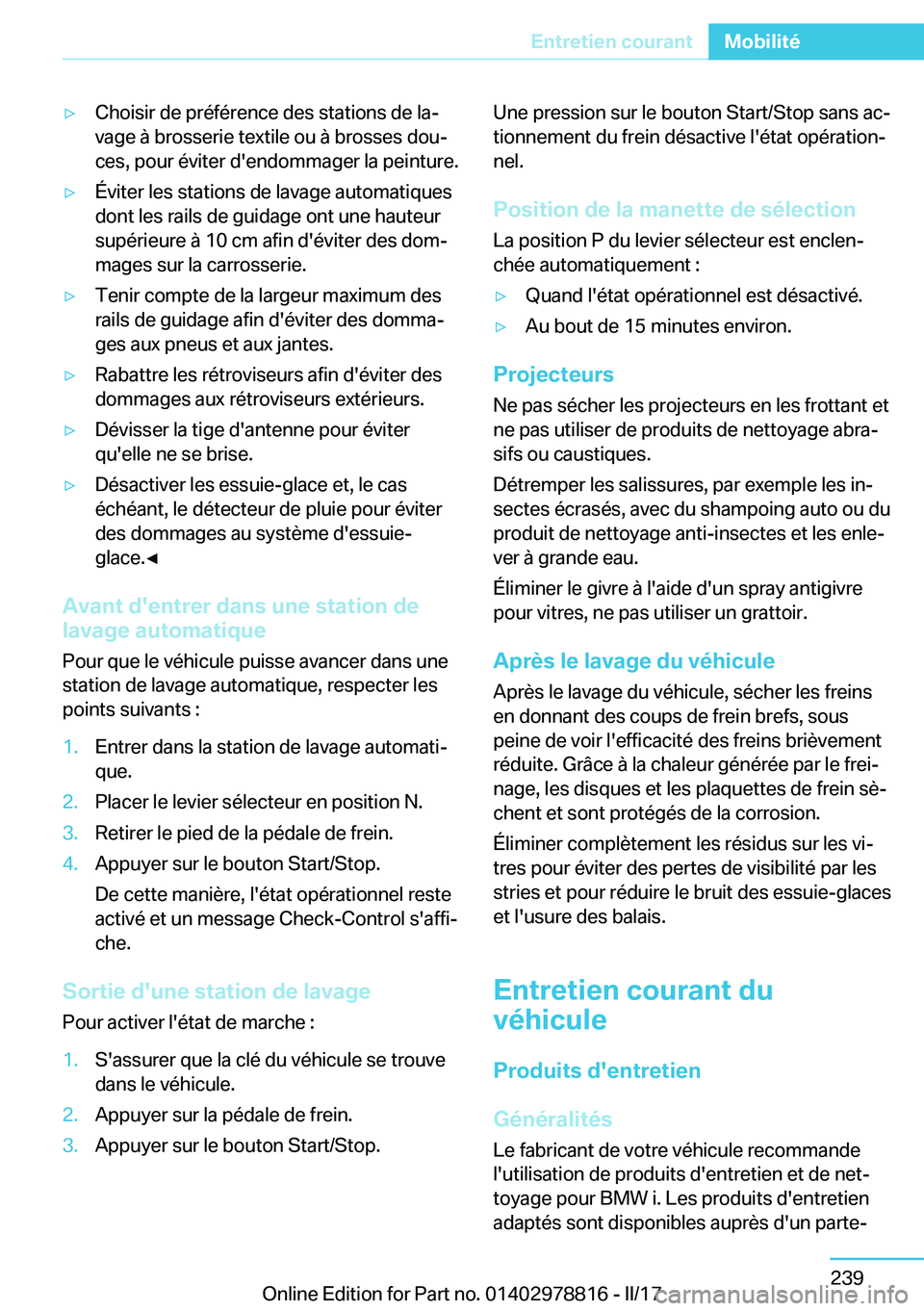 BMW I3 2017  Notices Demploi (in French) 'y�C�h�o�i�s�i�r� �d�e� �p�r�é�f�é�r�e�n�c�e� �d�e�s� �s�t�a�t�i�o�n�s� �d�e� �l�aj�v�a�g�e� �