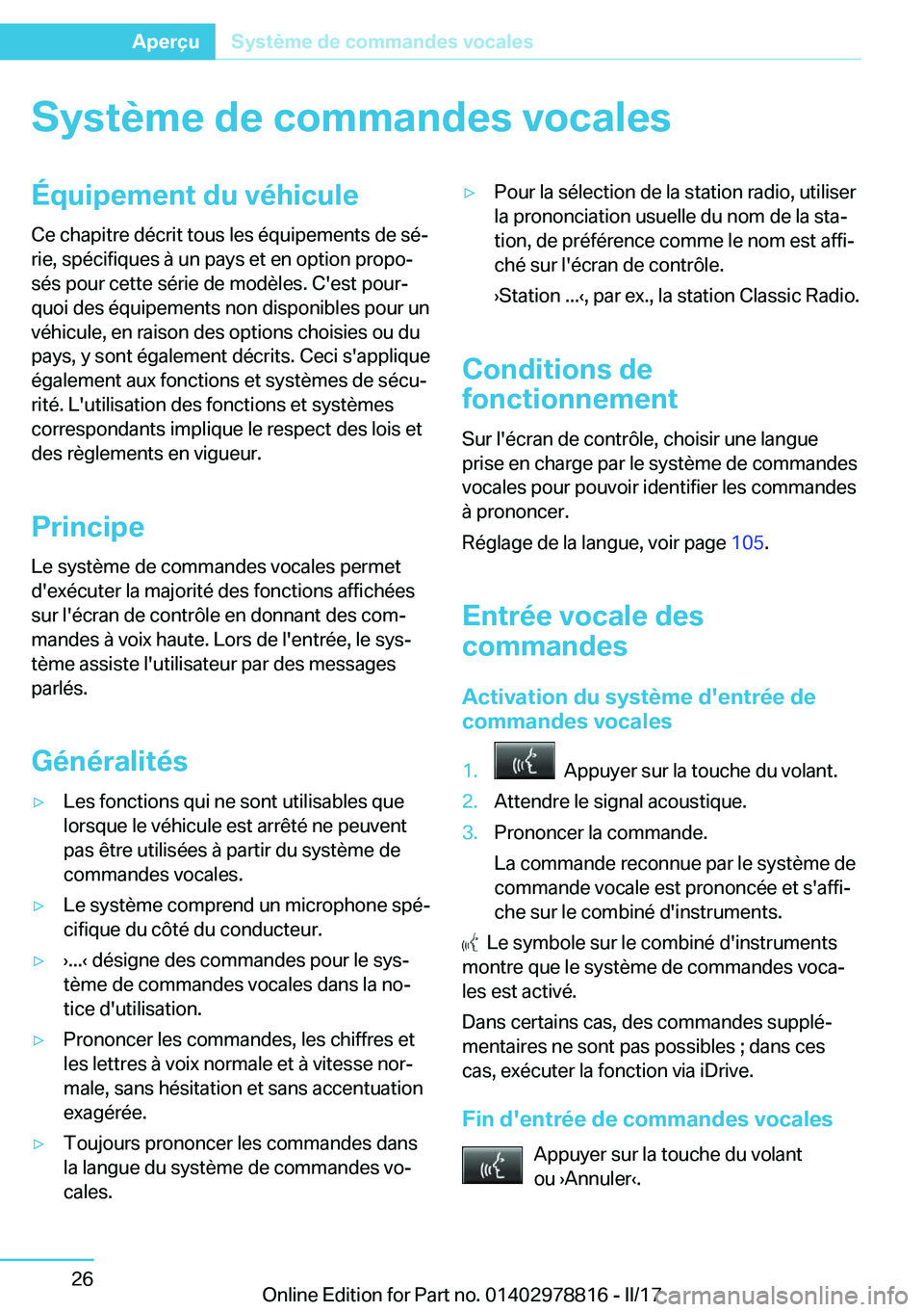 BMW I3 2017  Notices Demploi (in French) �S�y�s�t�è�m�e��d�e��c�o�m�m�a�n�d�e�s��v�o�c�a�l�e�s�