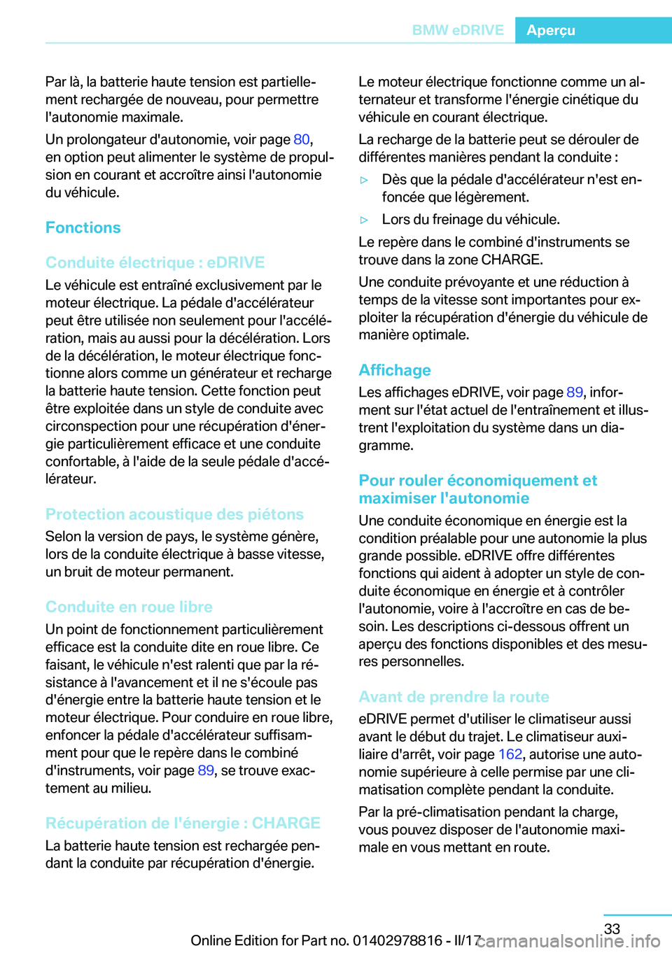 BMW I3 2017  Notices Demploi (in French) �P�a�r� �l�