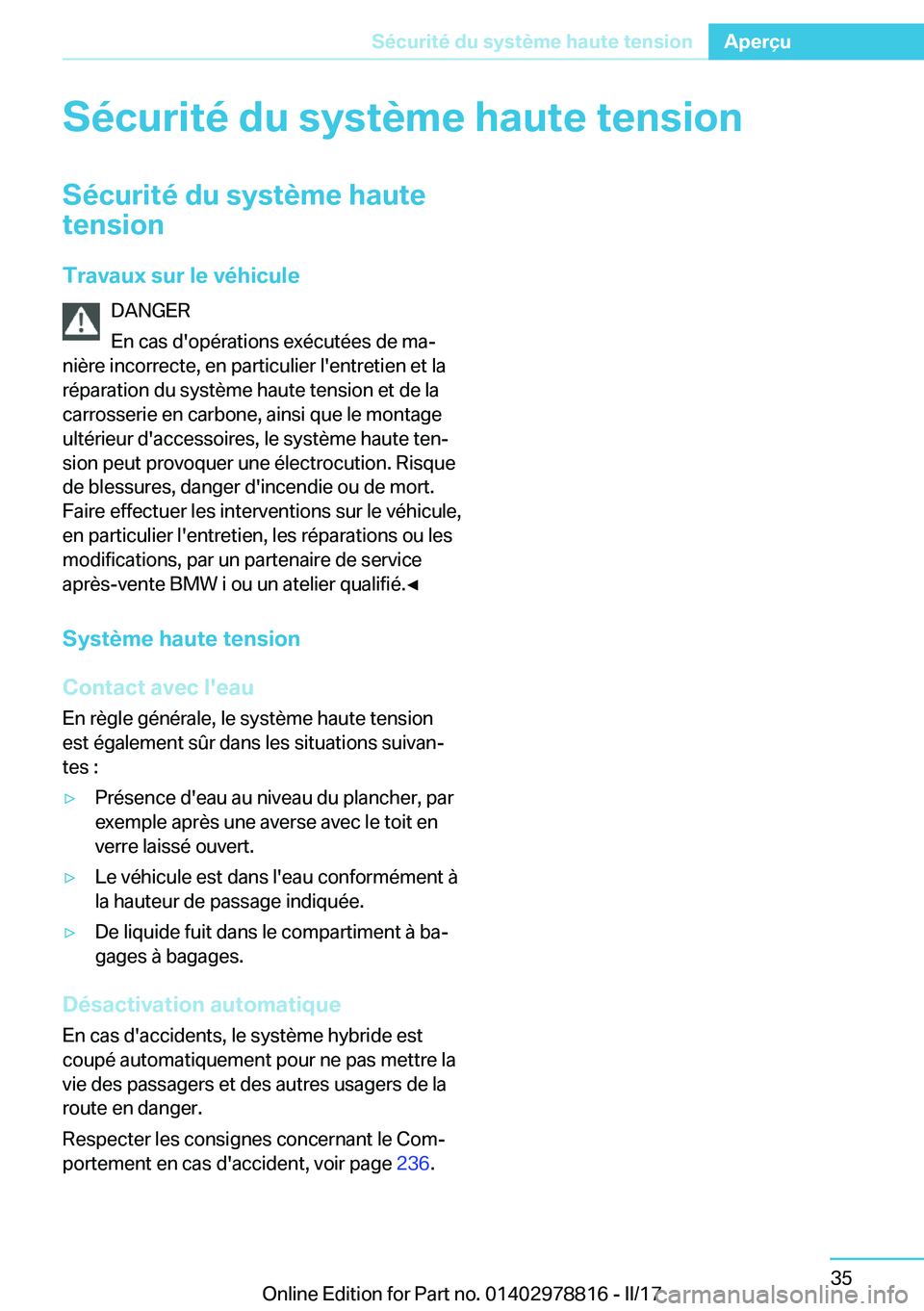 BMW I3 2017  Notices Demploi (in French) �S�é�c�u�r�i�t�é��d�u��s�y�s�t�è�m�e��h�a�u�t�e��t�e�n�s�i�o�n�S�é�c�u�r�i�t�é��d�u��s�y�s�t�è�m�e��h�a�u�t�e
�t�e�n�s�i�o�n
�T�r�a�v�a�u�x��s�u�r��l�e��v�é�h�i�c�u�l�e �D�A�N�G�E�R
�